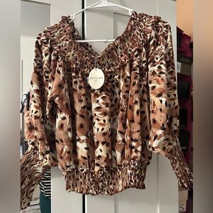 NEW Patrizia Luca Animal Print Blouse NWT Long Sleeve Off Shoulder Medium M